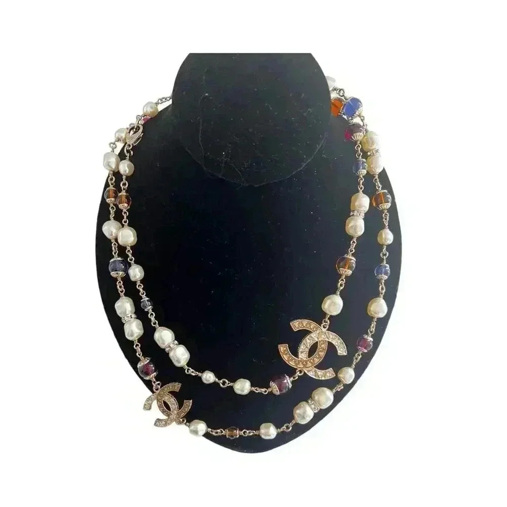 CHANEL Pearl and Multicolor Bead Double Strand Necklace with Gold CC Logos